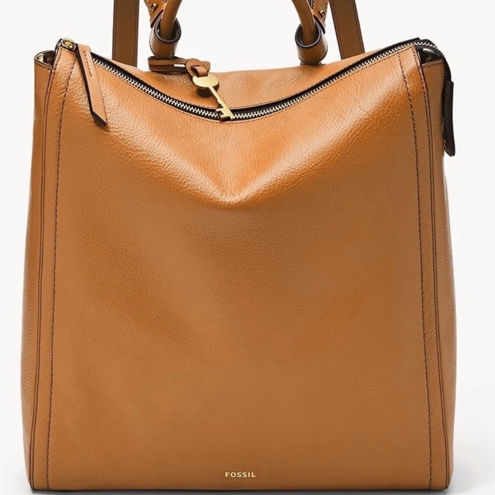 Fossil Parker Caramel Leather Convertible Backpack Crossbody Bag